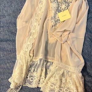 A'Reve Cream Lace Overlay Cardigan